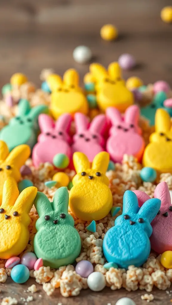 Colorful Marshmallow Peeps on a bed of popcorn and candy