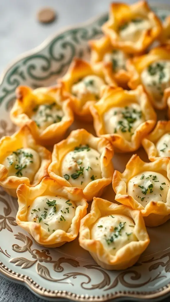 A platter of savory puff pastry bites filled with creamy filling and topped with herbs.