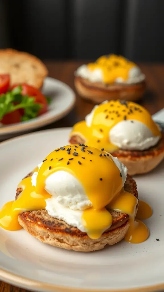 A plate of Eggs Benedict with hollandaise sauce, garnished with black sesame seeds, served alongside a salad.