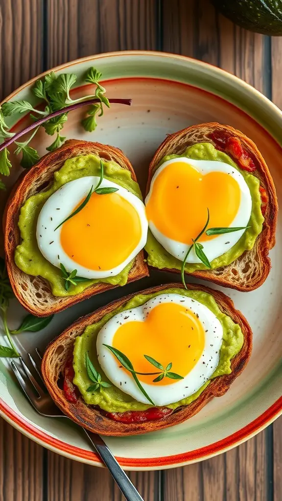Avocado toast topped with heart-shaped eggs, garnished with herbs on a plate.