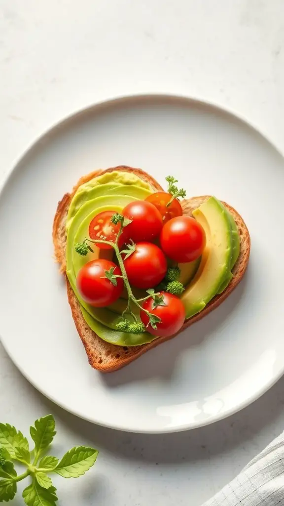 Heart-shaped avocado toast topped with cherry tomatoes and herbs on a white plate.