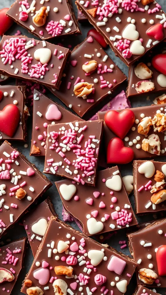 Colorful chocolate bark pieces with heart-shaped candies and sprinkles