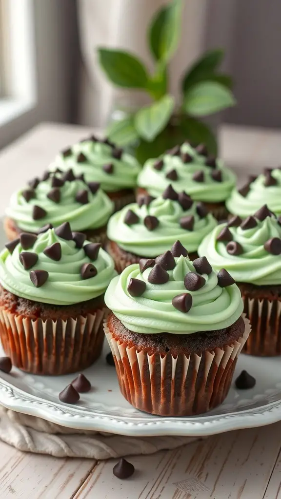 Mint chocolate chip cupcakes with green frosting and chocolate chips on top