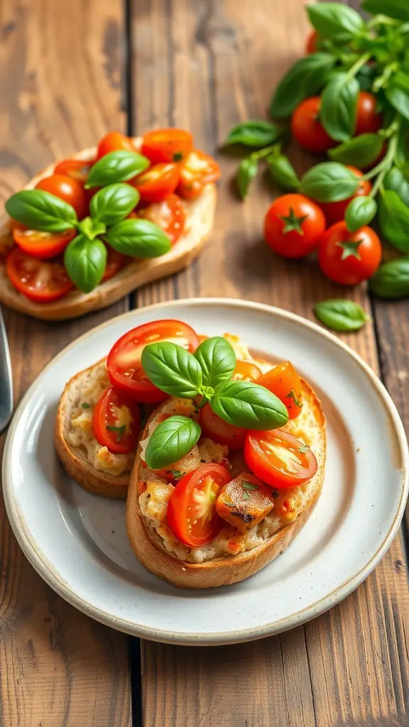 Bruschetta topped with cherry tomatoes and basil on a wooden table
