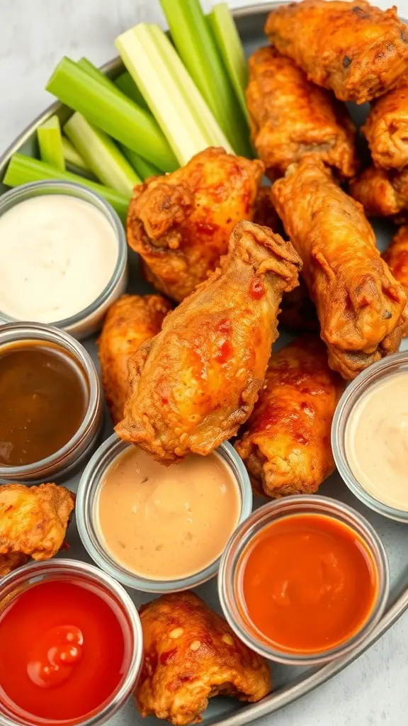 A platter of crispy chicken wings with various dipping sauces and celery sticks.