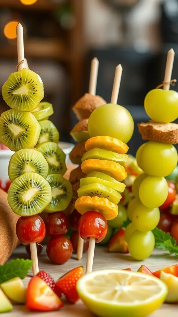 Colorful green fruit skewers with kiwi, grapes, and honeydew on wooden sticks.