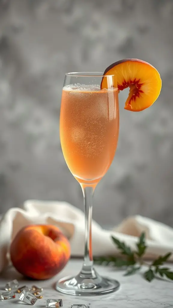 A Peach Bellini cocktail in a glass, garnished with a peach slice, with a fresh peach and decorative elements in the background.