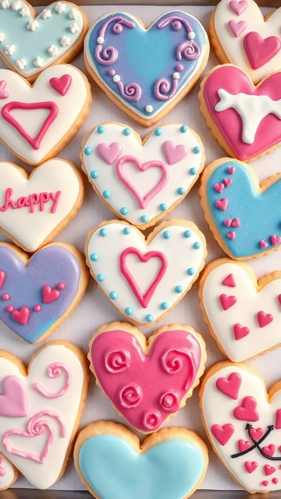 A variety of heart-shaped sugar cookies decorated with colorful royal icing.
