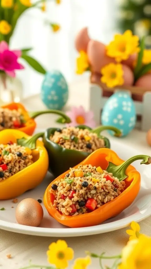 Colorful stuffed bell peppers filled with quinoa and vegetables, surrounded by Easter decorations.