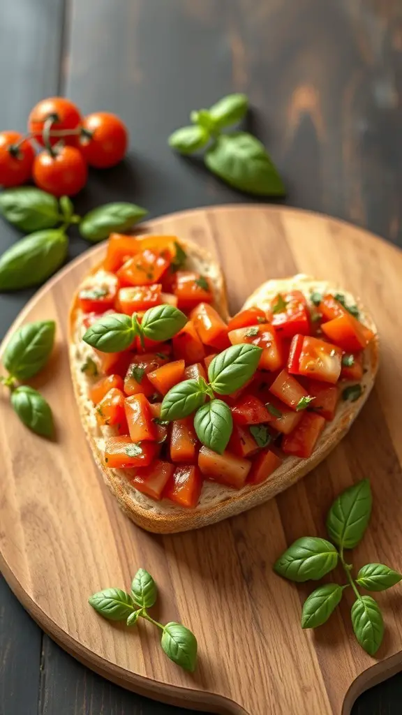 Heart-shaped bruschetta topped with diced tomatoes and basil on a wooden board