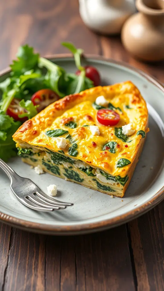A slice of frittata with spinach and feta cheese on a plate, garnished with cherry tomatoes and a side salad.