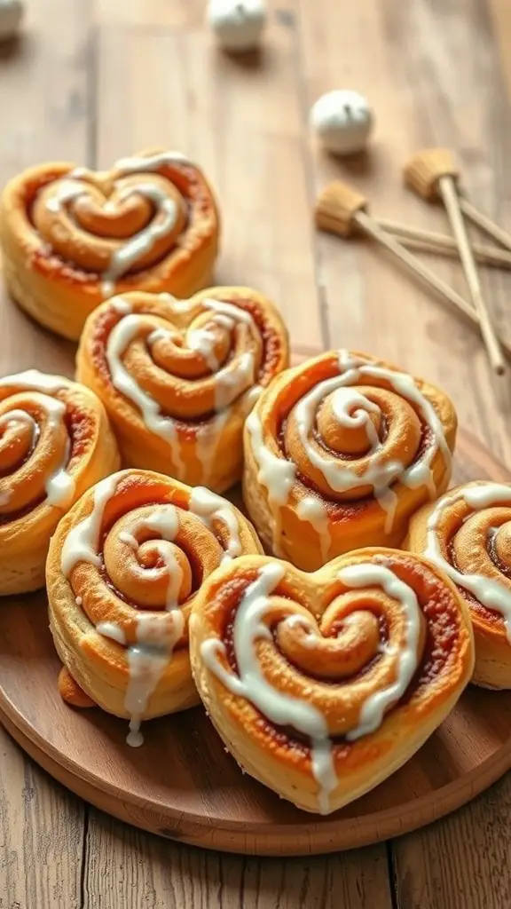 Heart-shaped cinnamon rolls with icing on a wooden platter
