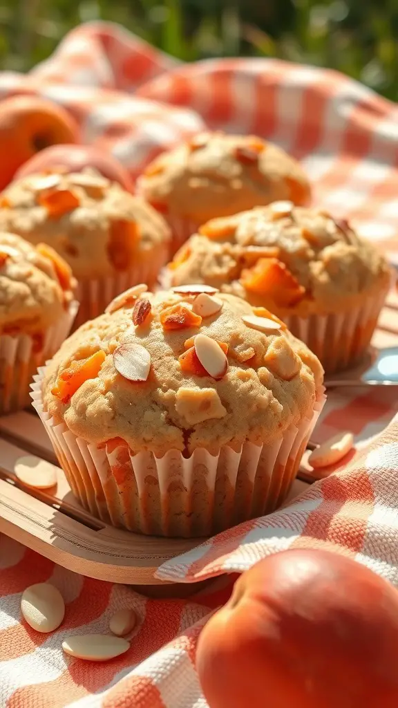 Freshly baked apricot almond muffins on a checkered cloth