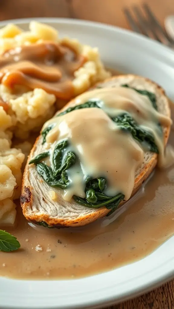 Stuffed chicken breast with spinach and cheese served with mashed potatoes and gravy.