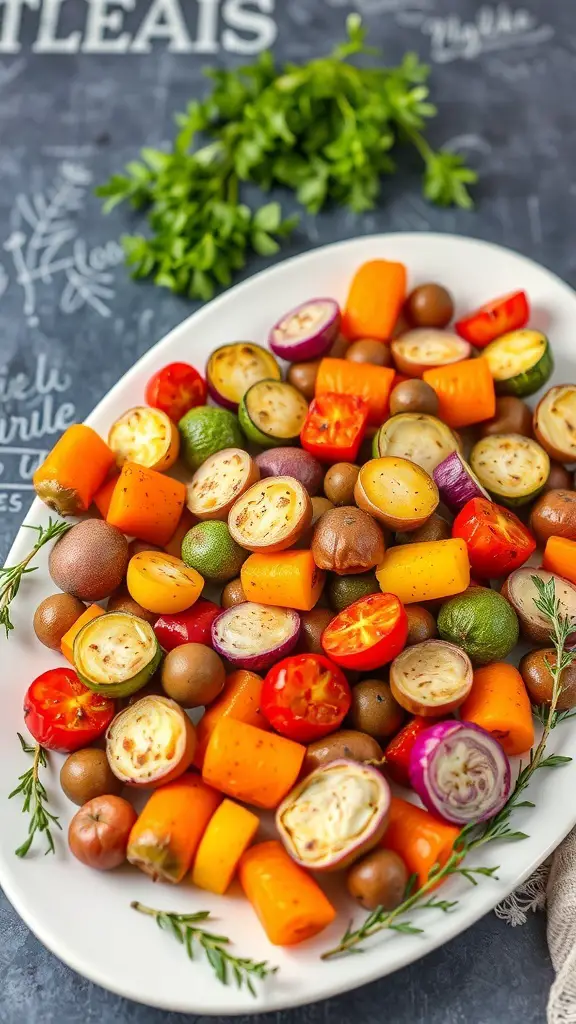 A colorful platter of roasted spring vegetables, including bell peppers, cherry tomatoes, and carrots, garnished with herbs.