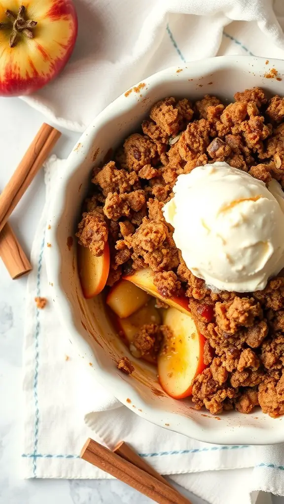 A bowl of Cinnamon Apple Crisp with apple slices, crumbly topping, and a scoop of ice cream.