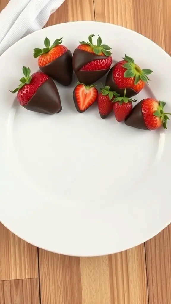 A plate of chocolate-covered strawberries arranged in a heart shape.
