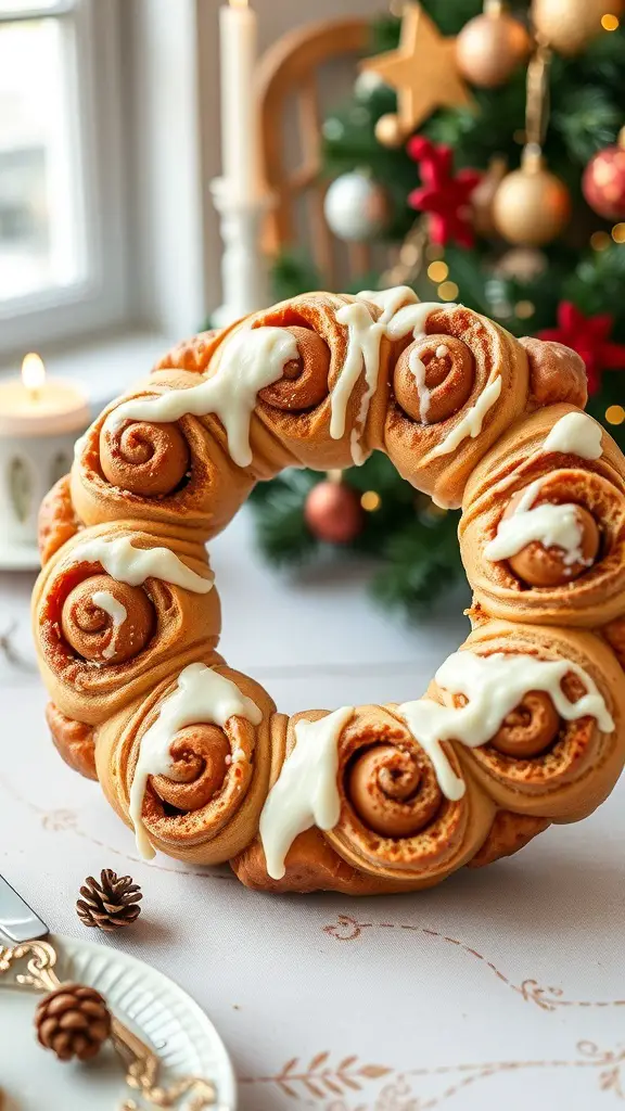 A beautifully baked cinnamon roll wreath topped with cream cheese icing, set on a festive table.