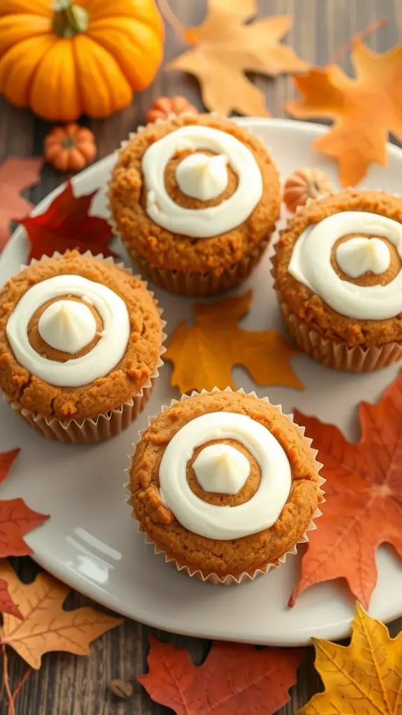 Pumpkin spice muffins with cream cheese swirl on a plate surrounded by autumn leaves and a pumpkin
