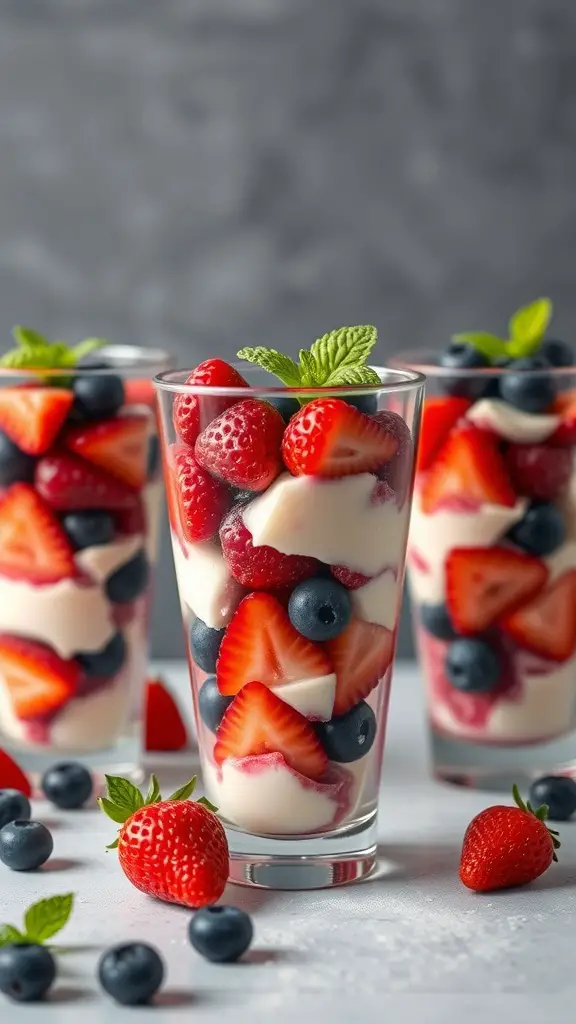 Three berry and yogurt parfaits in clear glasses, layered with strawberries, blueberries, and yogurt, garnished with mint leaves.