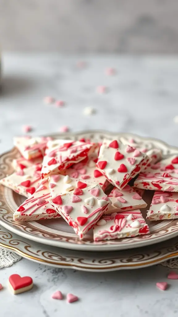 A plate of Valentine's Day Candy Bark decorated with heart-shaped candies and sprinkles.