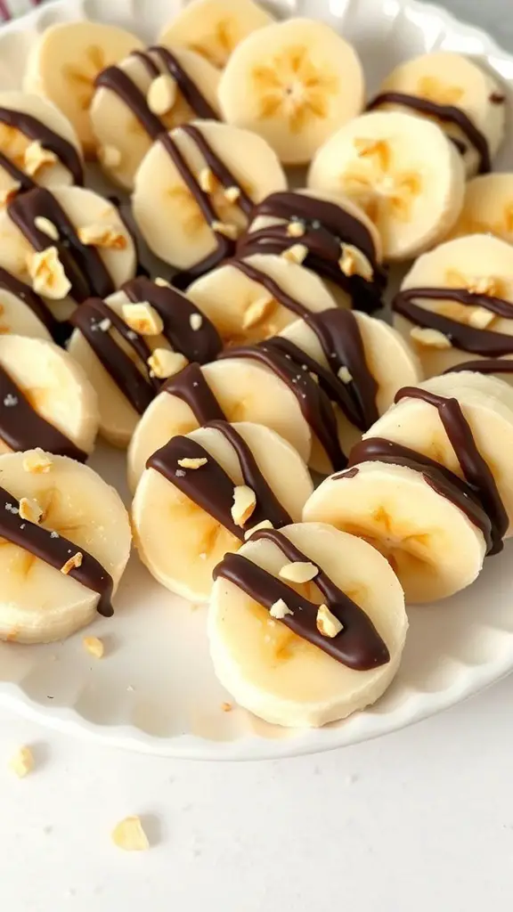 A plate of frozen banana bites drizzled with chocolate and topped with nuts.