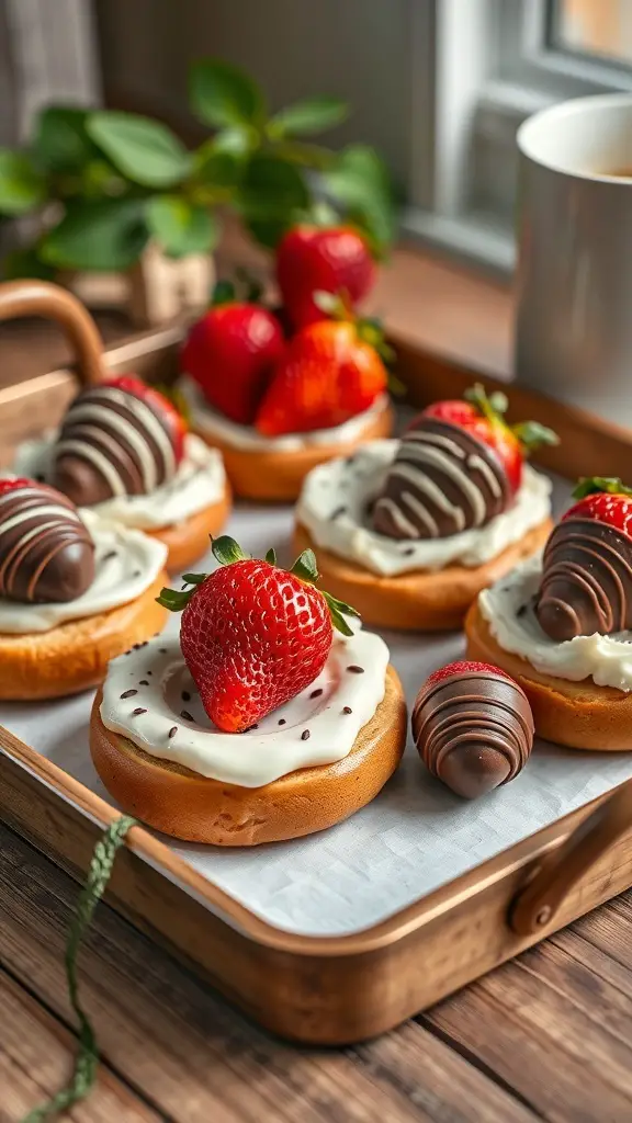 A tray of chocolate-covered strawberry bagels topped with fresh strawberries and chocolate drizzle.