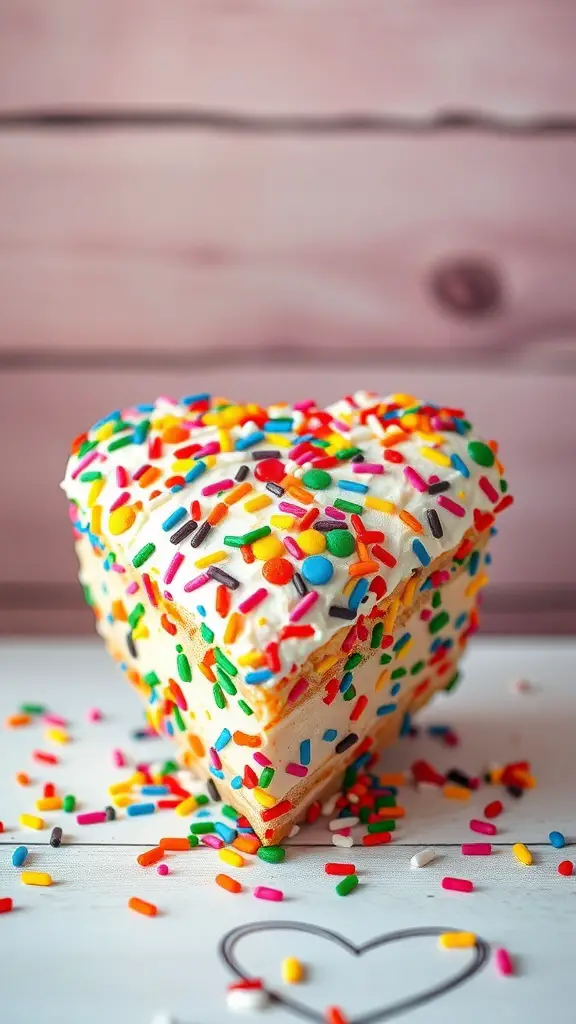 A heart-shaped funfetti cake covered in colorful sprinkles.
