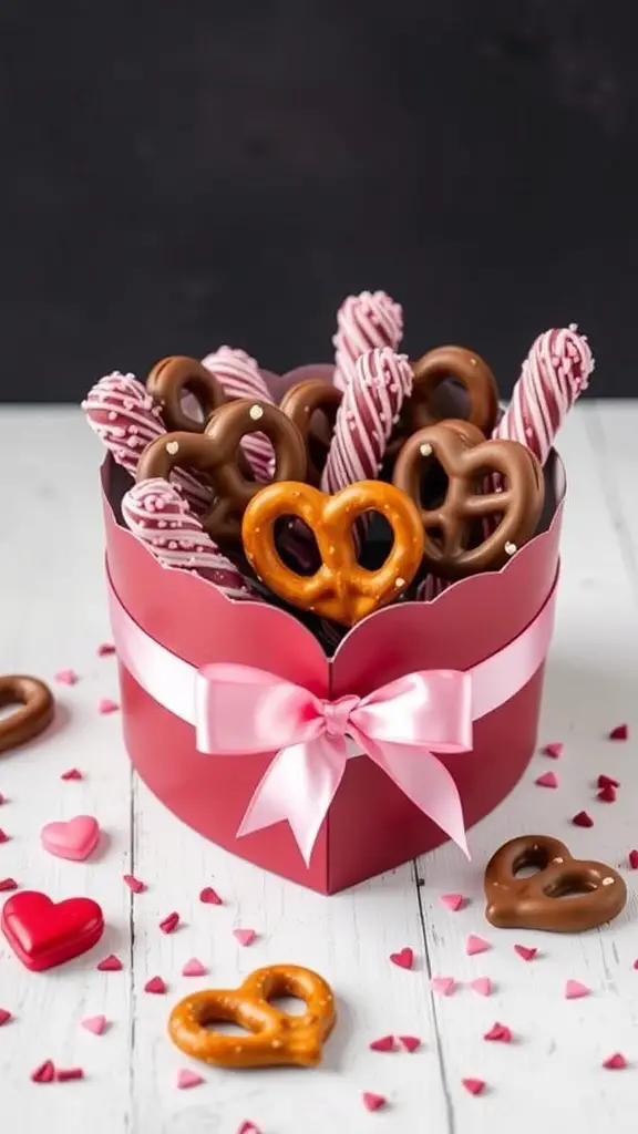 A heart-shaped box filled with chocolate dipped pretzels and heart-shaped candies.