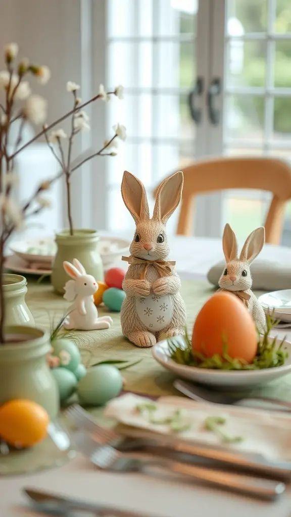 Easter dinner table setting with bunny and egg accents