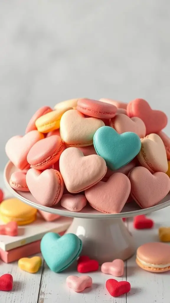A plate of heart-shaped macarons in various colors, including pink, red, and blue.