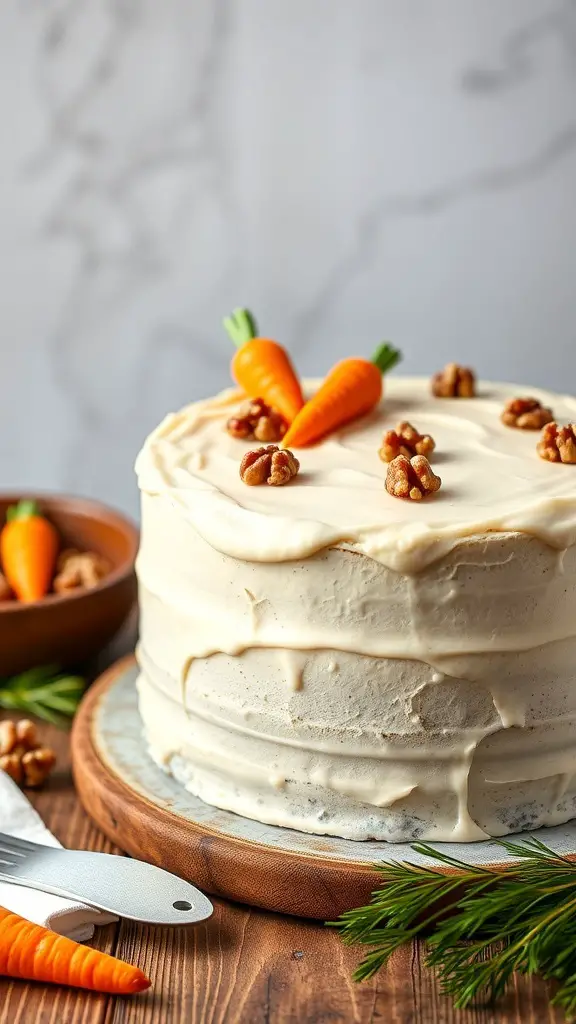 A beautifully decorated carrot cake with cream cheese frosting, topped with mini carrots and walnuts.