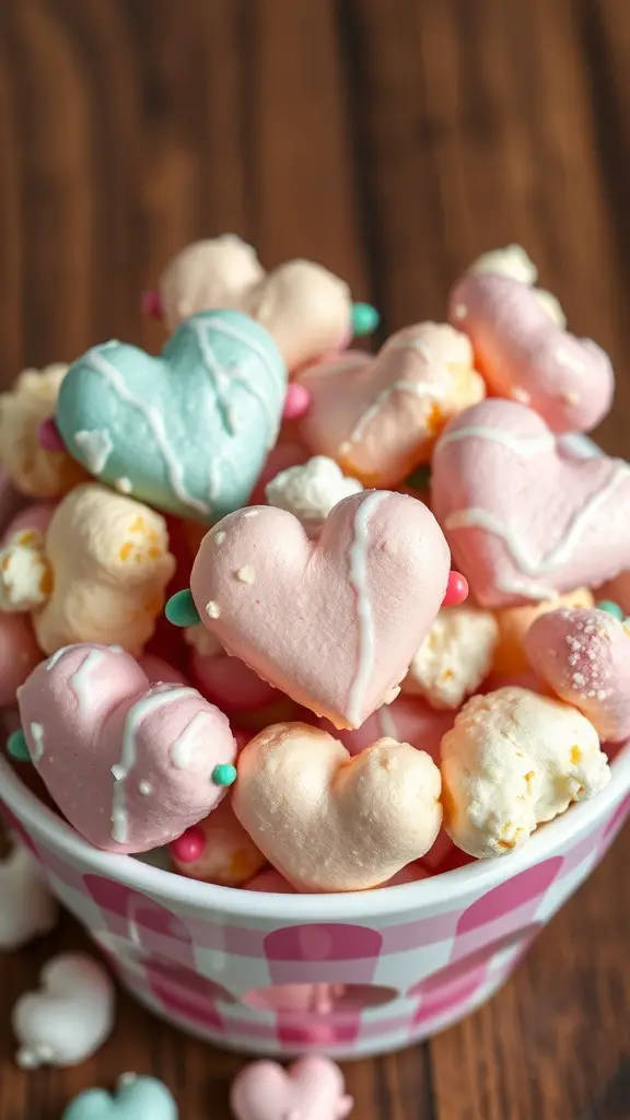 A bowl filled with heart-shaped popcorn treats in pastel colors.