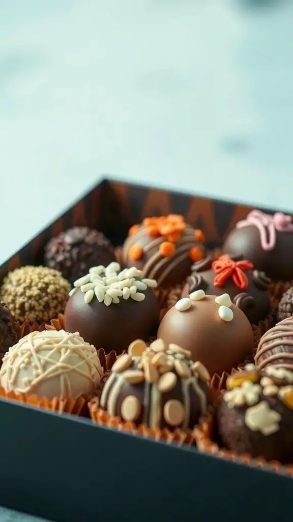A box of assorted chocolate truffles with various toppings.