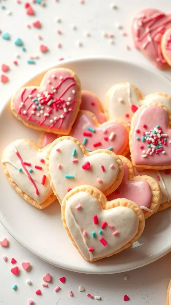 A plate of heart-shaped sugar cookies decorated with pink and white icing and colorful sprinkles.