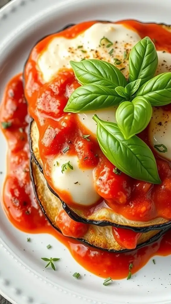 A plate of Eggplant Parmesan topped with tomato sauce and fresh basil.