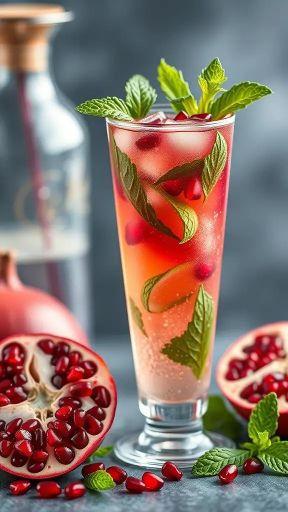 A refreshing Pomegranate Mojito in a tall glass, garnished with mint and pomegranate seeds, with pomegranate halves in the foreground.