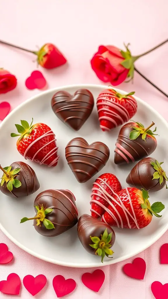 A plate of chocolate-dipped strawberries shaped like hearts, surrounded by pink rose petals.