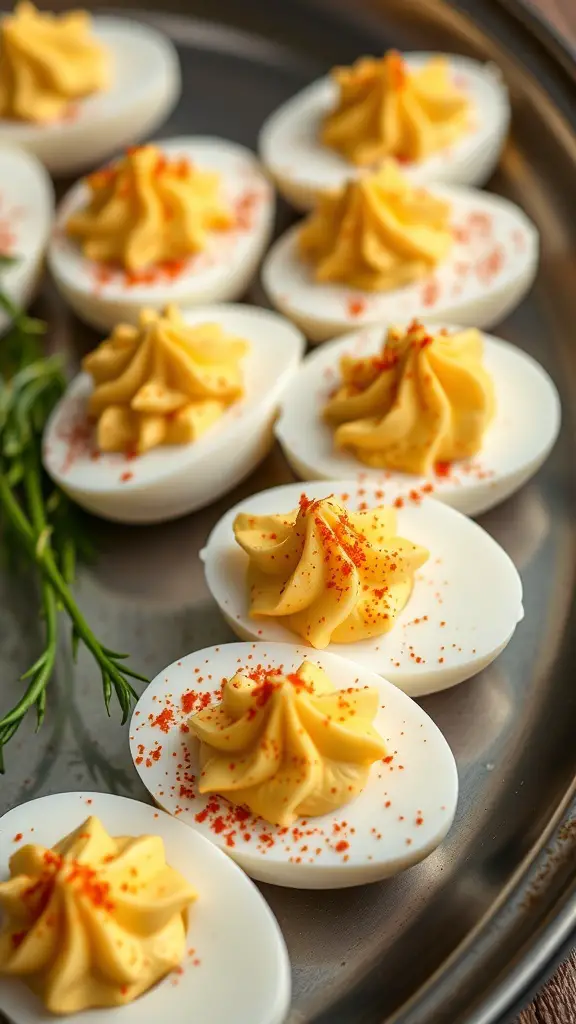 A platter of classic deviled eggs topped with paprika, arranged neatly.
