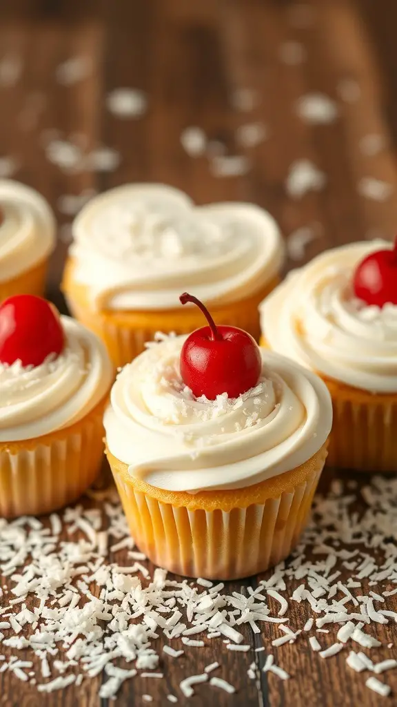 Heart-shaped coconut cream cupcakes with cherry on top