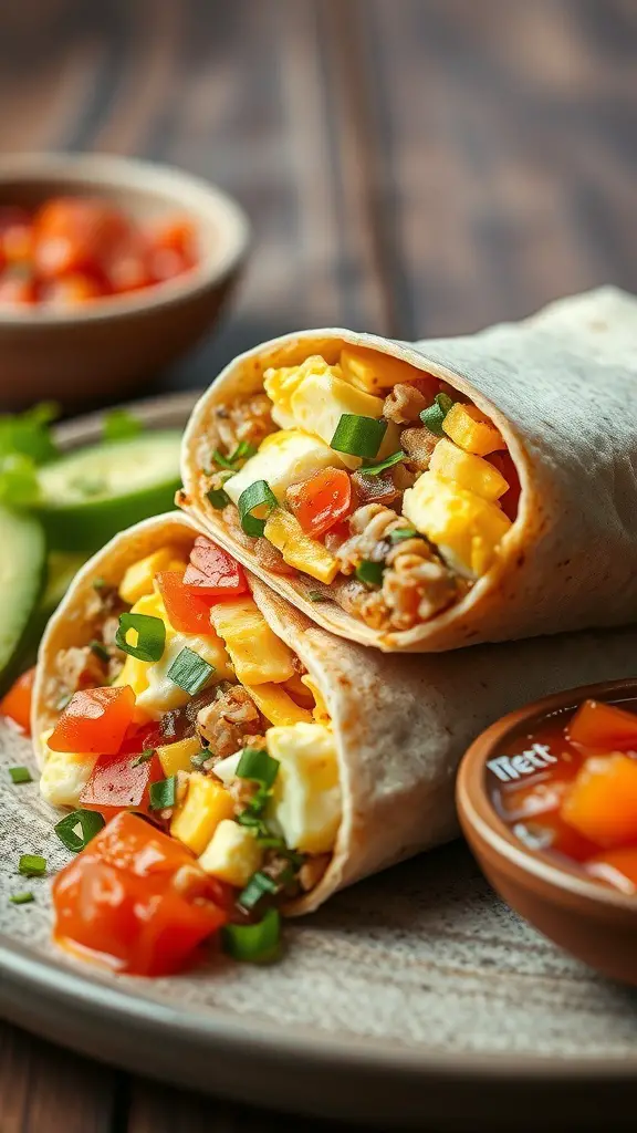 A delicious breakfast burrito filled with eggs, sausage, and fresh vegetables, served with salsa.