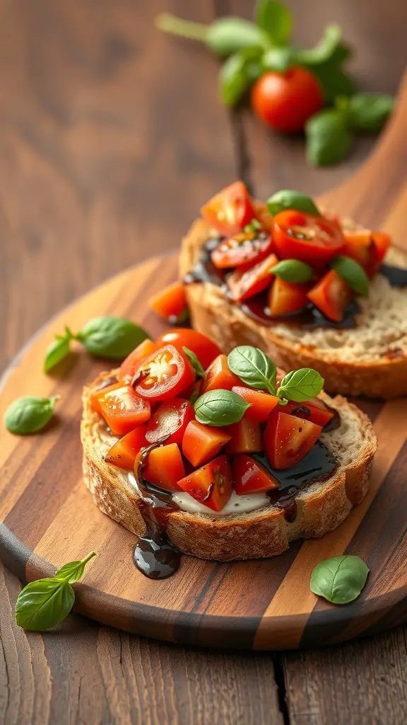 Bruschetta topped with diced tomatoes and basil on toasted bread