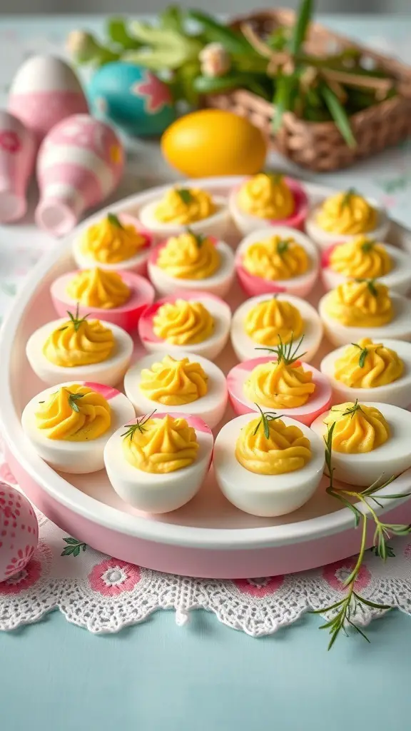 A plate of colorful deviled eggs with yellow filling and herbs, surrounded by Easter decorations.