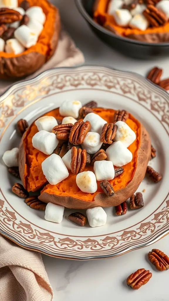 Twice baked sweet potatoes topped with marshmallows and pecans