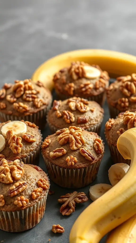 Delicious banana nut muffins topped with walnuts and fresh banana slices
