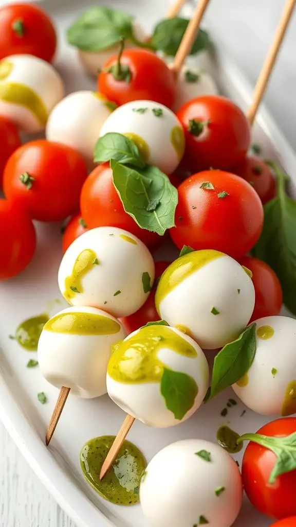 A plate of Pesto Caprese Skewers with cherry tomatoes, mozzarella balls, and basil drizzled with pesto sauce.