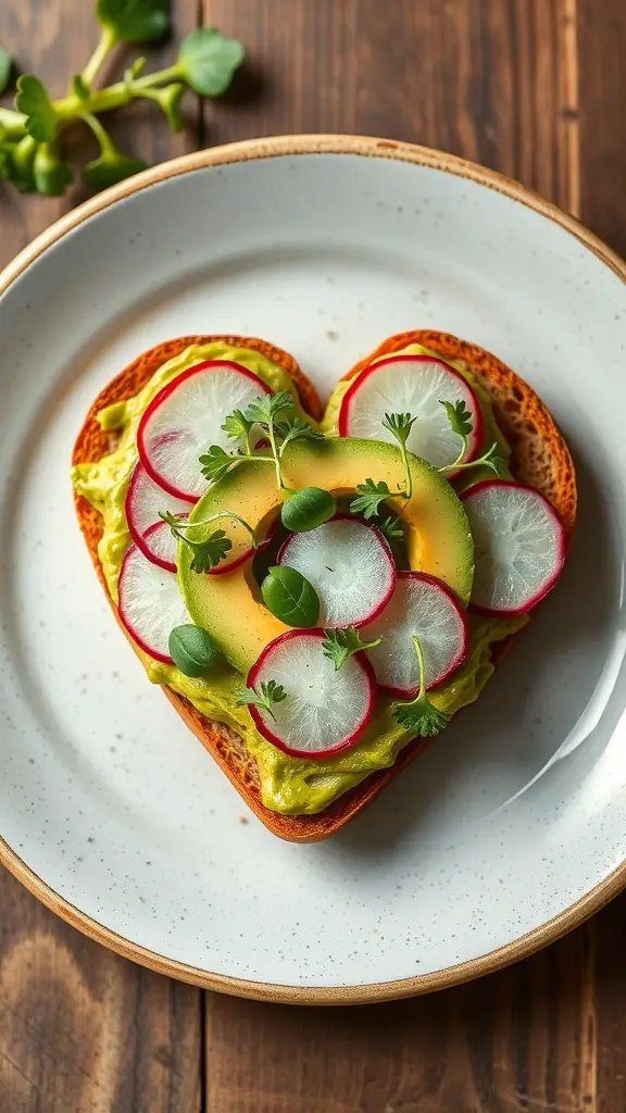 Heart-shaped avocado toast topped with radishes and herbs on a plate