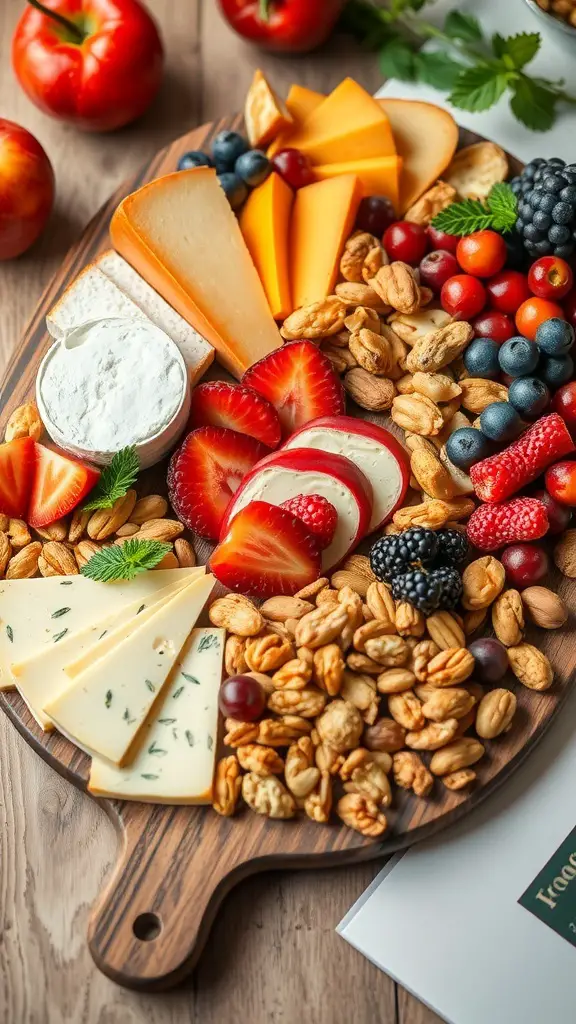 A beautifully arranged fruit and nut breakfast board featuring a variety of fruits, nuts, and cheeses.