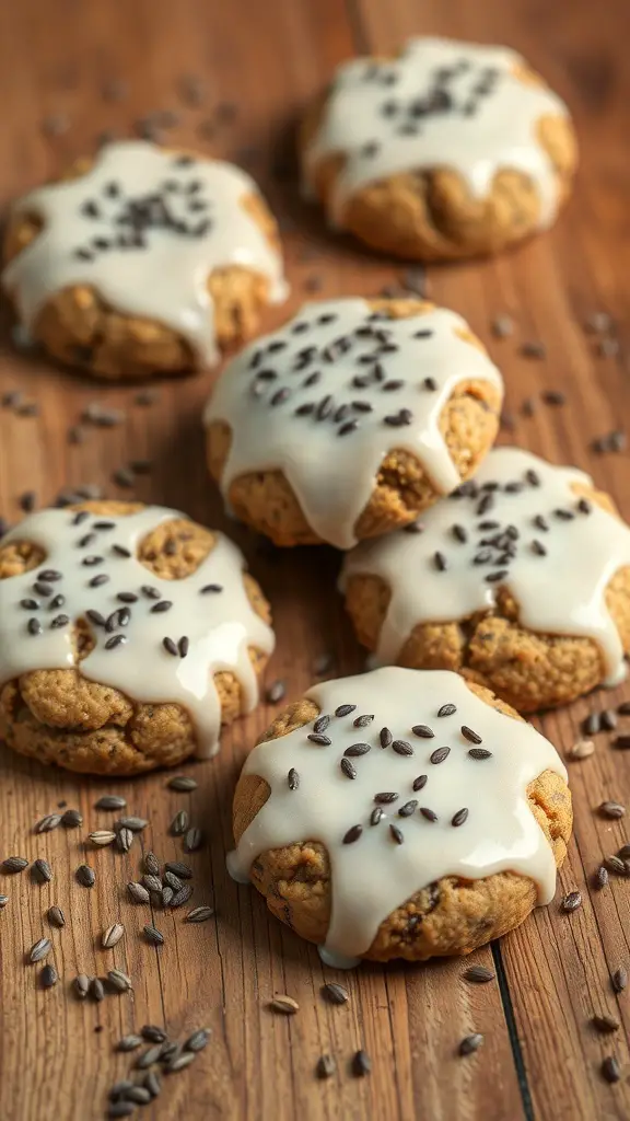 Chia seed cookies with a creamy glaze and chia seeds on top, placed on a wooden surface.