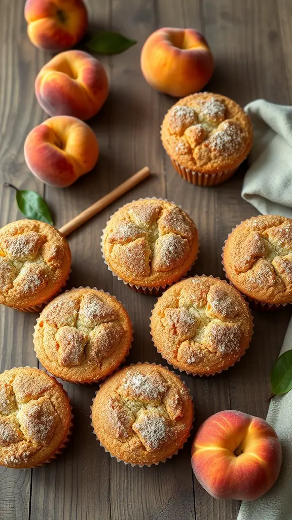Freshly baked peach muffins with cinnamon sugar topping, surrounded by ripe peaches.